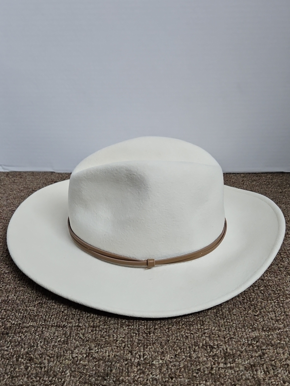 Anthropologie Cream Wool Fedora Tan Leather Band Sz OS